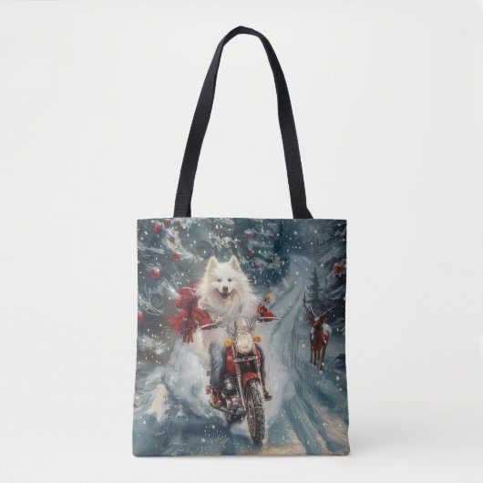 American Eskimo Dog Riding Motorrad Weihnachten Tasche (Vorderseite)