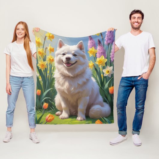 American Eskimo Dog Spring Blumen Malerei Fleecedecke (Beispiel)