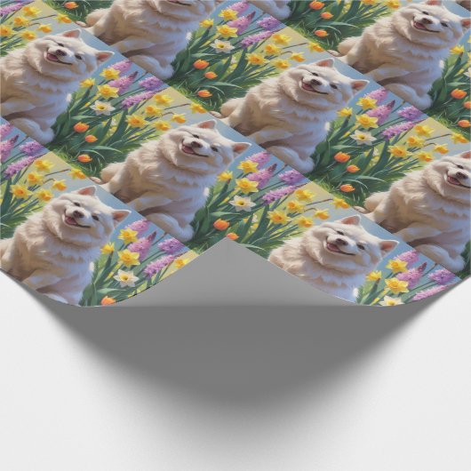 American Eskimo Dog Spring Blumen Malerei Geschenkpapier (Ecke)