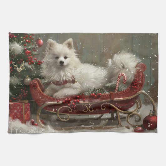 American Eskimo Dog Weihnachtsfest Geschirrtuch (Horizontal)