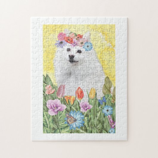 American Eskimo Dog with Flowers Spring Puzzle (Vertikal)
