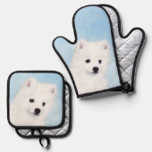 American Eskimo Eskie Puppy Painting Niedliche Dog Ofenhandschuh & Topflappen-Set (Vorderseite/Rückseite)