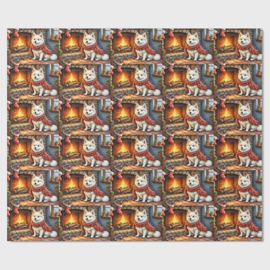 American Eskimo Fireplace with Christmas Lights Geschenkpapier (Flach)