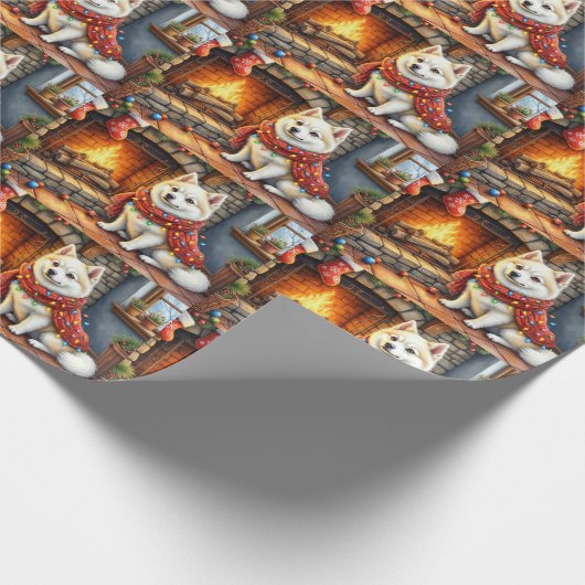 American Eskimo Fireplace with Christmas Lights Geschenkpapier (Ecke)