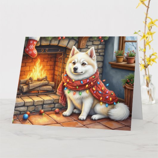 American Eskimo Fireplace with Christmas Lights Karte (Gelbe Blume)