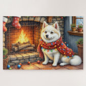 American Eskimo Fireplace with Christmas Lights Puzzle (Horizontal)