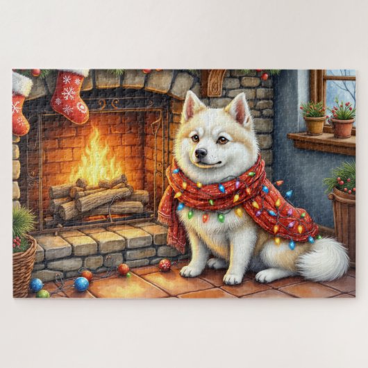 American Eskimo Fireplace with Christmas Lights Puzzle (Horizontal)