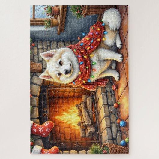 American Eskimo Fireplace with Christmas Lights Puzzle (Vertikal)