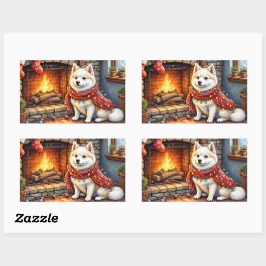 American Eskimo Fireplace with Christmas Lights Rechteckiger Aufkleber (Blatt)