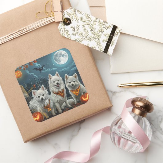 American Eskimo Halloween Spooky Quadratischer Aufkleber (Schenken)