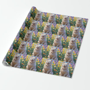 American Eskimo Hund Frühlingsblumen Malerei Geschenkpapier