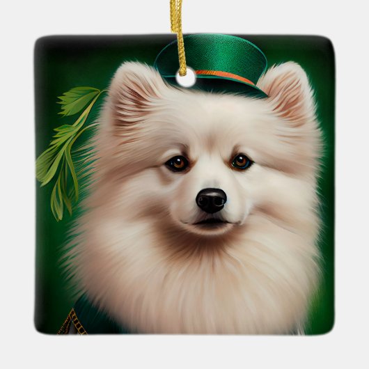 American Eskimo Hund in St. Patrick's Day Dress Keramikornament (Vorderseite)