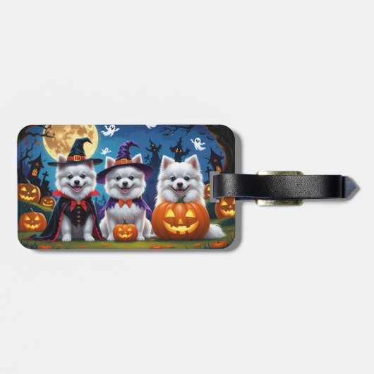 American Eskimo Hunde Pumpkin Halloween Funny Gepäckanhänger (Rückseite horizontal)