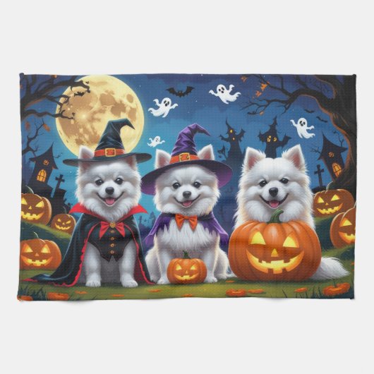 American Eskimo Hunde Pumpkin Halloween Funny Geschirrtuch (Horizontal)