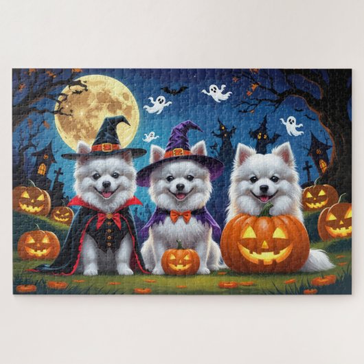 American Eskimo Hunde Pumpkin Halloween Funny Puzzle (Horizontal)