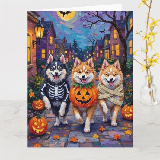 American Eskimo Hunde Trick-or-Treating Halloween Karte (Gelbe Blume)