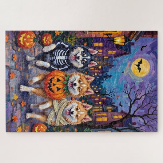 American Eskimo Hunde Trick-or-Treating Halloween Puzzle (Horizontal)