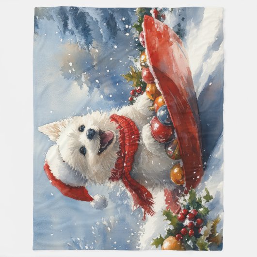 American Eskimo in Sledge Let it Snow Christmas Fleecedecke (Vorderseite)