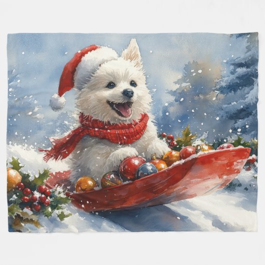 American Eskimo in Sledge Let it Snow Christmas Fleecedecke (Vorderseite (Horizontal))