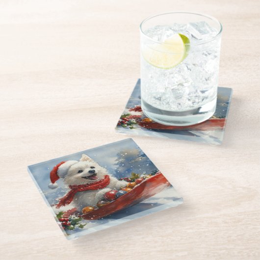 American Eskimo in Sledge Let it Snow Christmas Glasuntersetzer (Schrägansicht)