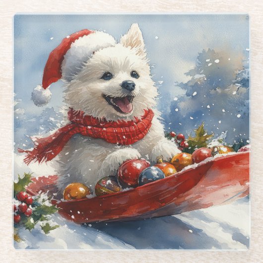 American Eskimo in Sledge Let it Snow Christmas Glasuntersetzer (Vorderseite)