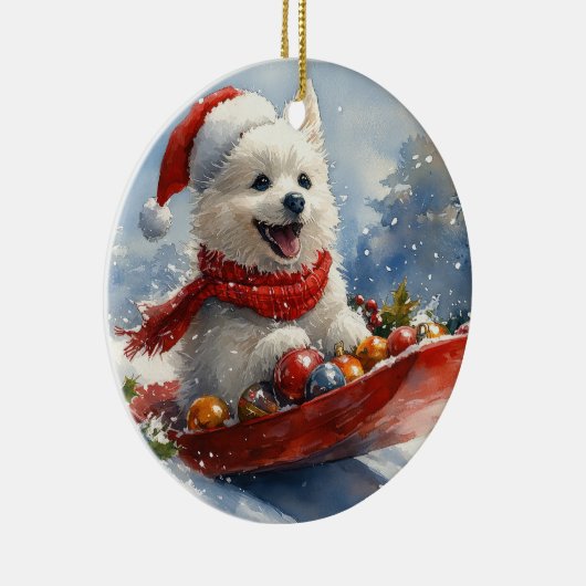 American Eskimo in Sledge Let it Snow Christmas Keramik Ornament (Rechts)