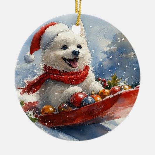 American Eskimo in Sledge Let it Snow Christmas Keramik Ornament (Vorne)