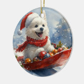 American Eskimo in Sledge Let it Snow Christmas Keramik Ornament (Links)