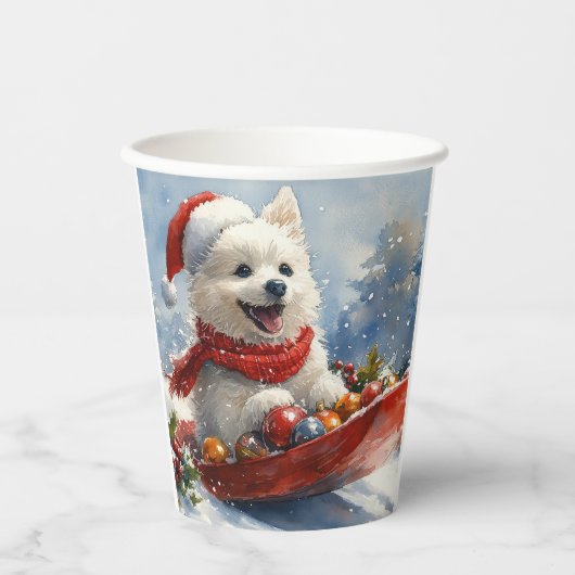 American Eskimo in Sledge Let it Snow Christmas Pappbecher (Vorderseite)