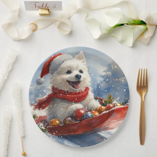 American Eskimo in Sledge Let it Snow Christmas Pappteller (Hochzeit)