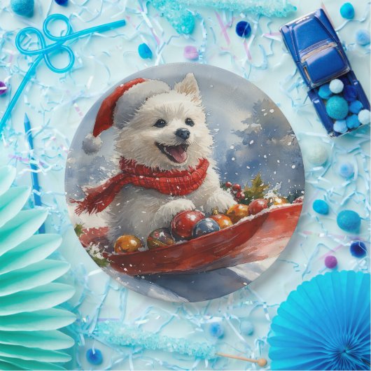 American Eskimo in Sledge Let it Snow Christmas Pappteller (Party)