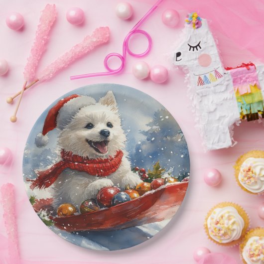 American Eskimo in Sledge Let it Snow Christmas Pappteller (Party)