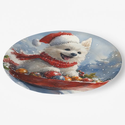 American Eskimo in Sledge Let it Snow Christmas Pappteller (Schrägansicht)