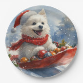 American Eskimo in Sledge Let it Snow Christmas Pappteller (Vorderseite)