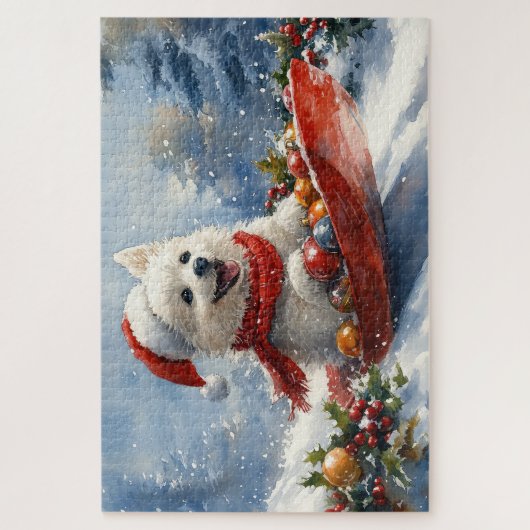 American Eskimo in Sledge Let it Snow Christmas Puzzle (Vertikal)