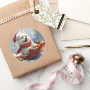 American Eskimo in Sledge Let it Snow Christmas Runder Aufkleber