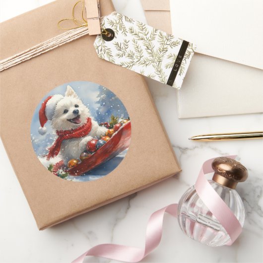 American Eskimo in Sledge Let it Snow Christmas Runder Aufkleber (Schenken)