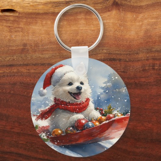 American Eskimo in Sledge Let it Snow Christmas Schlüsselanhänger (Vorderseite)