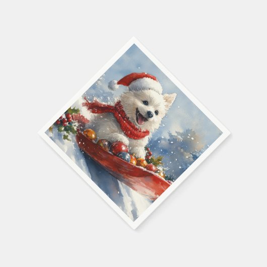 American Eskimo in Sledge Let it Snow Christmas Serviette (Ecke)
