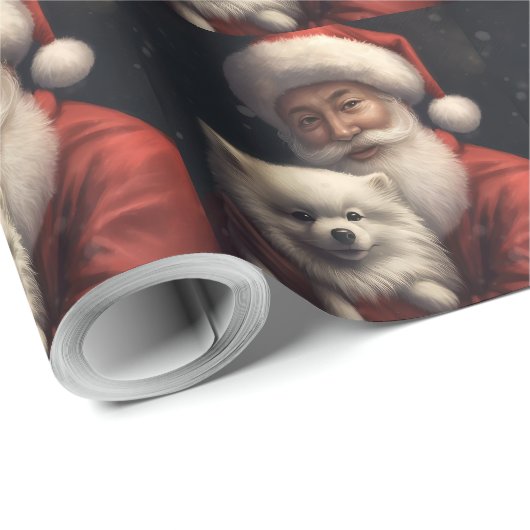 American Eskimo mit Weihnachtsmann Weihnachten Geschenkpapier (Rolleneckpunkt)