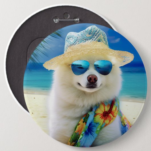 American Eskimo on Beach, Sommergeschenk für Hunde Button (Vorne & Hinten)