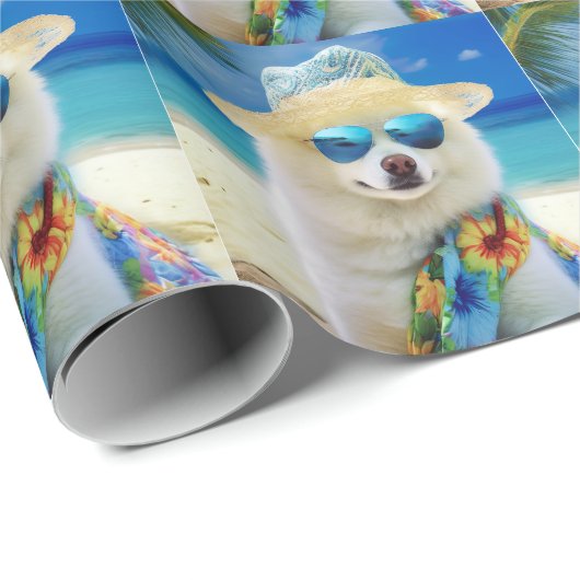 American Eskimo on Beach, Sommergeschenk für Hunde Geschenkpapier (Rolleneckpunkt)