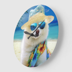 American Eskimo on Beach, Sommergeschenk für Hunde Große Wanduhr