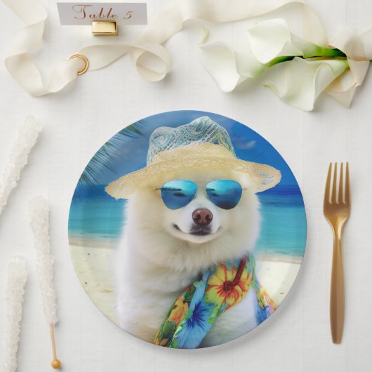 American Eskimo on Beach, Sommergeschenk für Hunde Pappteller (Hochzeit)