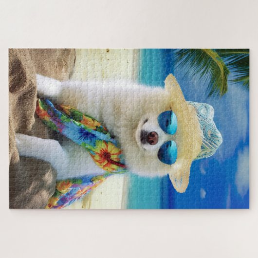 American Eskimo on Beach, Sommergeschenk für Hunde Puzzle (Horizontal)
