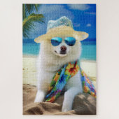 American Eskimo on Beach, Sommergeschenk für Hunde Puzzle (Vertikal)