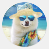 American Eskimo on Beach, Sommergeschenk für Hunde Runder Aufkleber (Vorderseite)