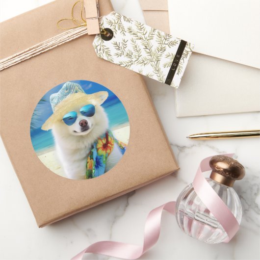 American Eskimo on Beach, Sommergeschenk für Hunde Runder Aufkleber (Schenken)