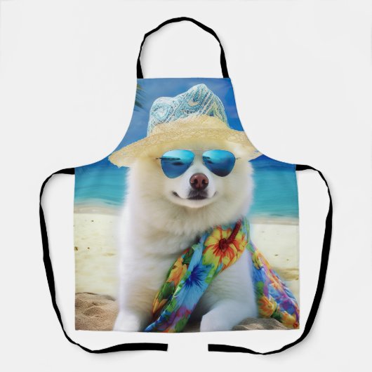 American Eskimo on Beach, Sommergeschenk für Hunde Schürze (Vorderseite)