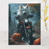 American Eskimo Riding Motorrad Halloween Beängsti Karte (Gelbe Blume)